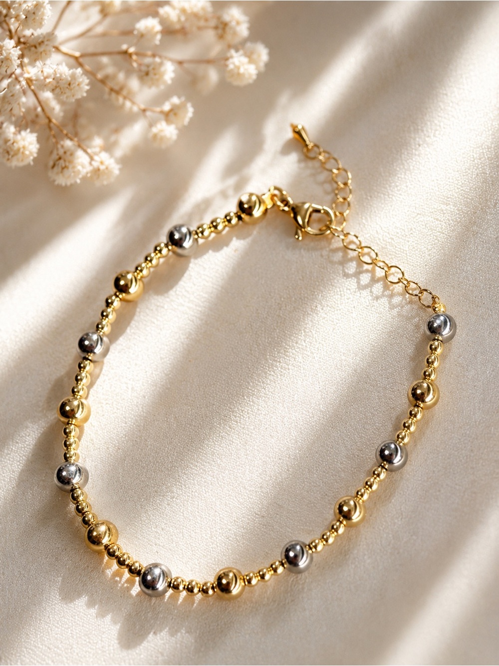Gold Plated and Silver Bead Bracelet — Elegant Two-Tone Women's Jewelry